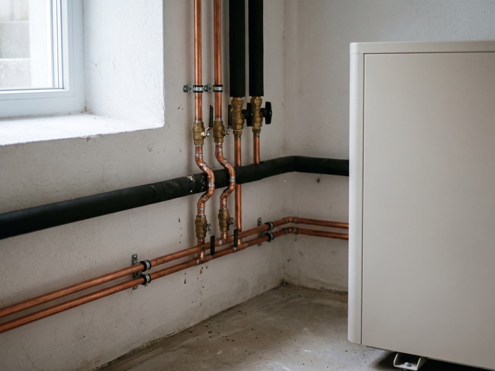 Außeneinheit einer Wärmepumpe vor einer Klinkerwand, daneben die gedämmten Leitungen zur Hauswand